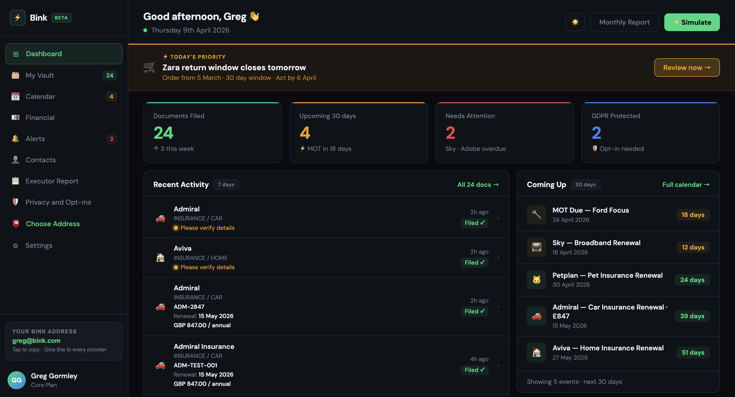 Bink dashboard showing document vault, upcoming renewals, and recent activity